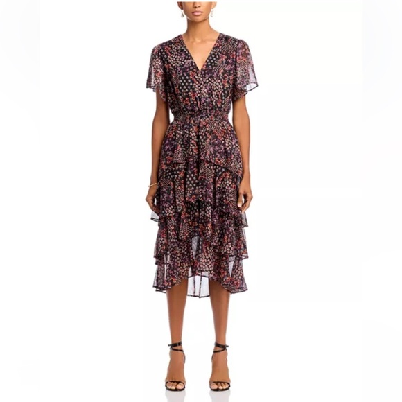 KOKO + MASON Floral Tiered Midi Dress Small NWT V-Neck Flutter Sleeve - Picture 7 of 9